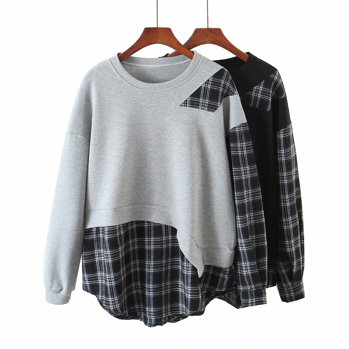 plaid stitching irregular hem sweatshirt NSAM26193