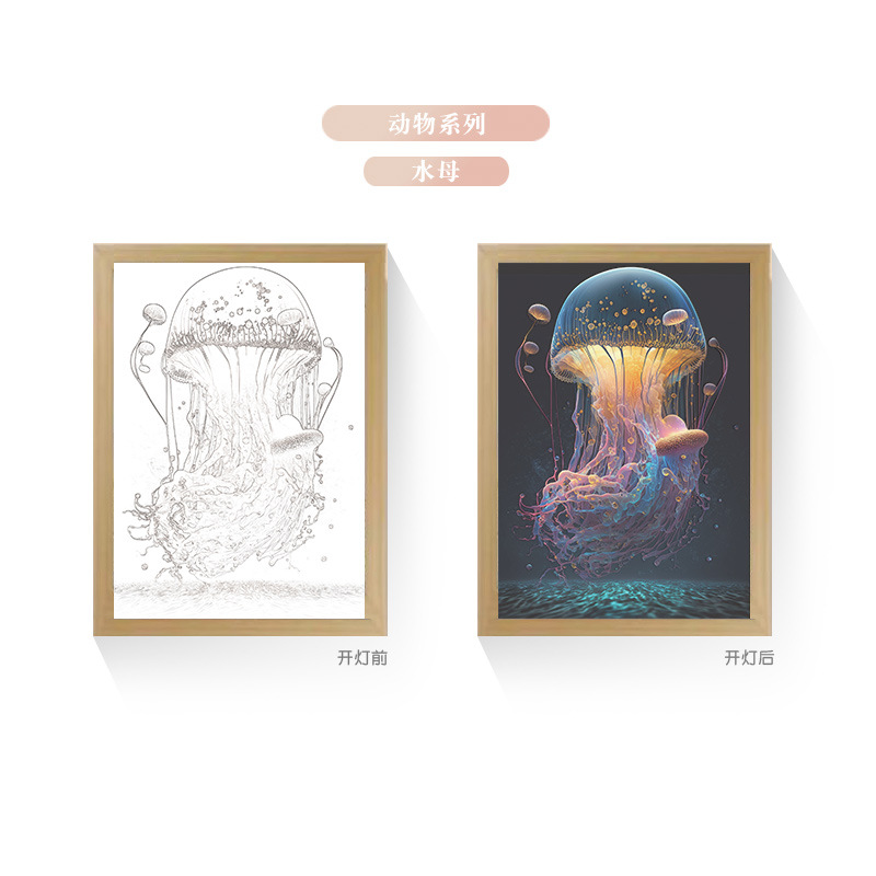 Tres colores TikTok popular pintura ligera de dibujos animados dormitorio noche pintura luminosa marco de fotos de madera maciza creativo bricolaje fabricante