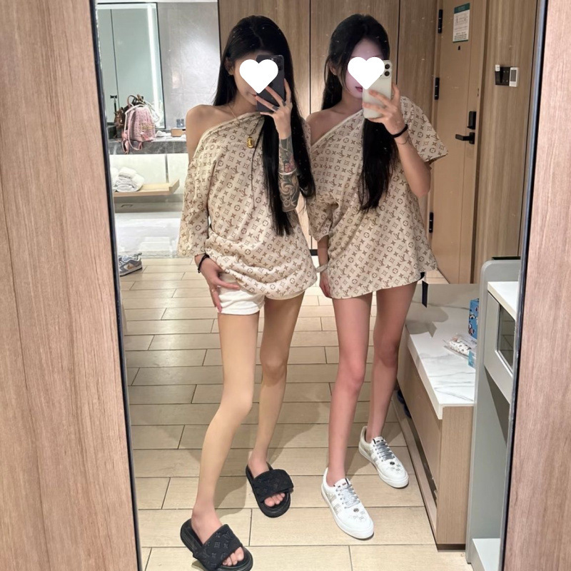 露肩一字领短袖T恤女夏季2025新款外穿宽松大码爆款高级显瘦上衣|undefined