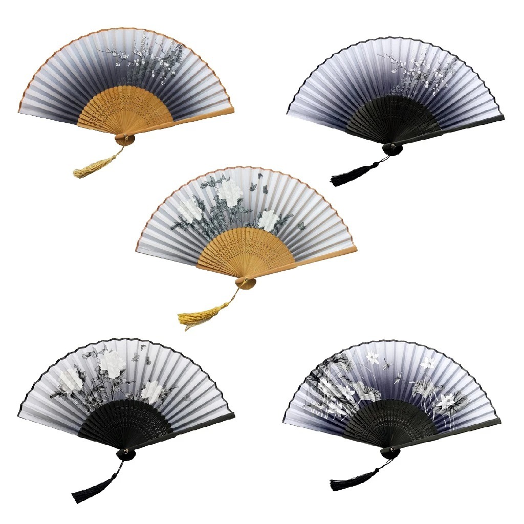 En stock cabeza de seda verde ventilador femenino al por mayor señoras de seda plegable ventilador Cabeza Verde ventilador negro hueso blanco cara pera flor