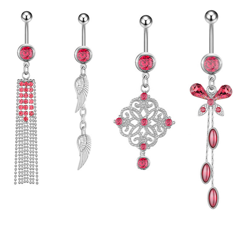 Pink Butterfly Tassel Feather Belly Ring Navel Stud 4 Pcs Set display picture 1