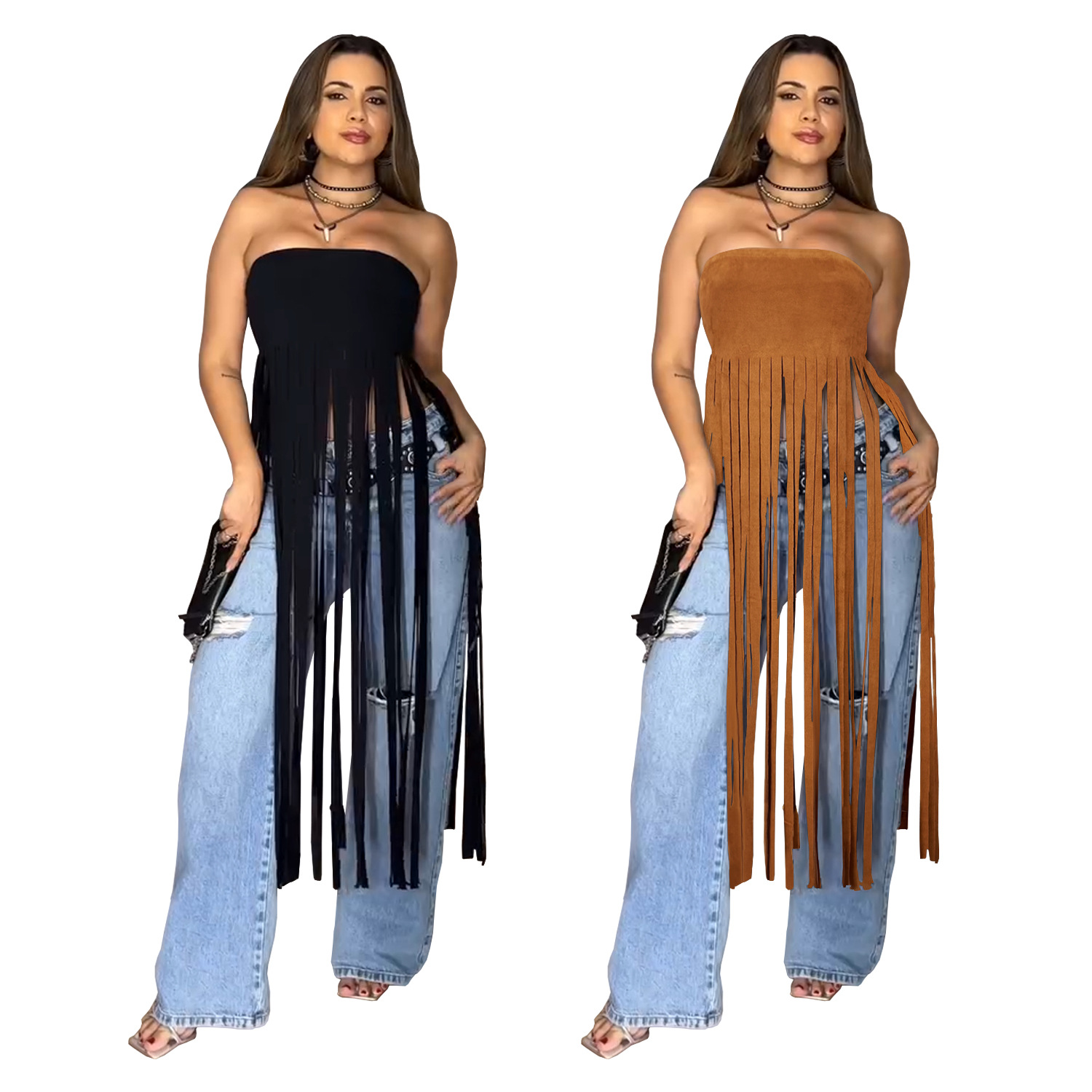 C7436 Cross-border AliExpress Amazon Ropa de mujer de moda europea y americana Falda de tubo sexy de terciopelo de piel de venado con flecos de color sólido