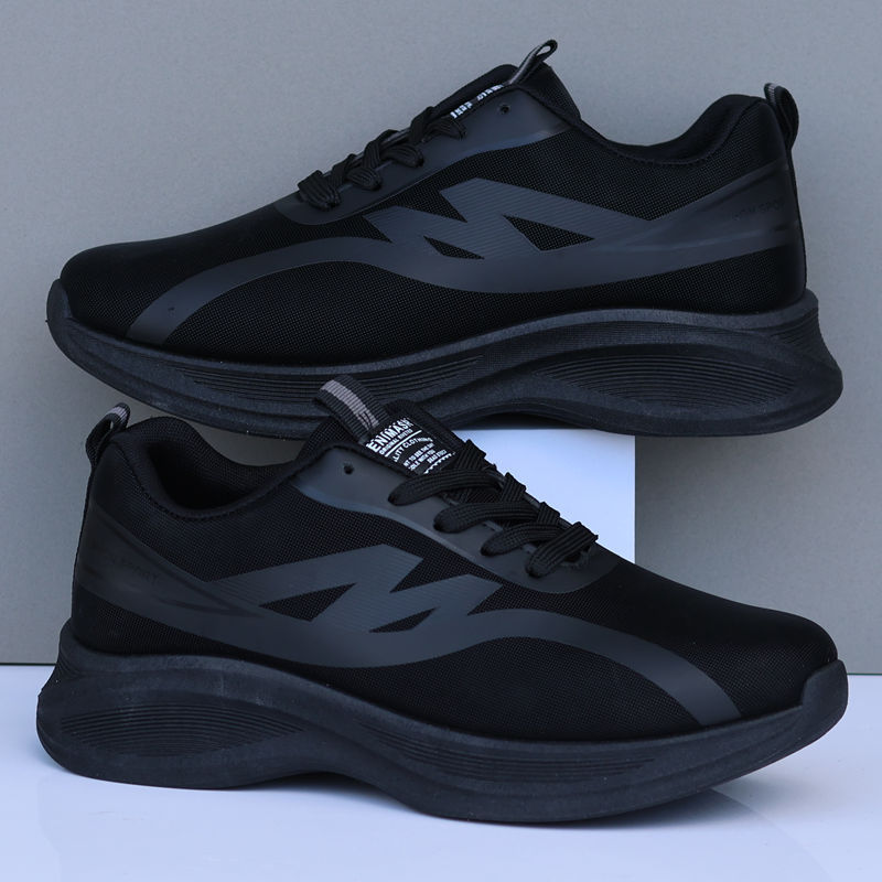 2025 Autumn and Winter All-Black Men's Shoes Waterproof Leather Sports Casual Running Shoes Thick-Soled Non-Slip Kitchen Work Shoes