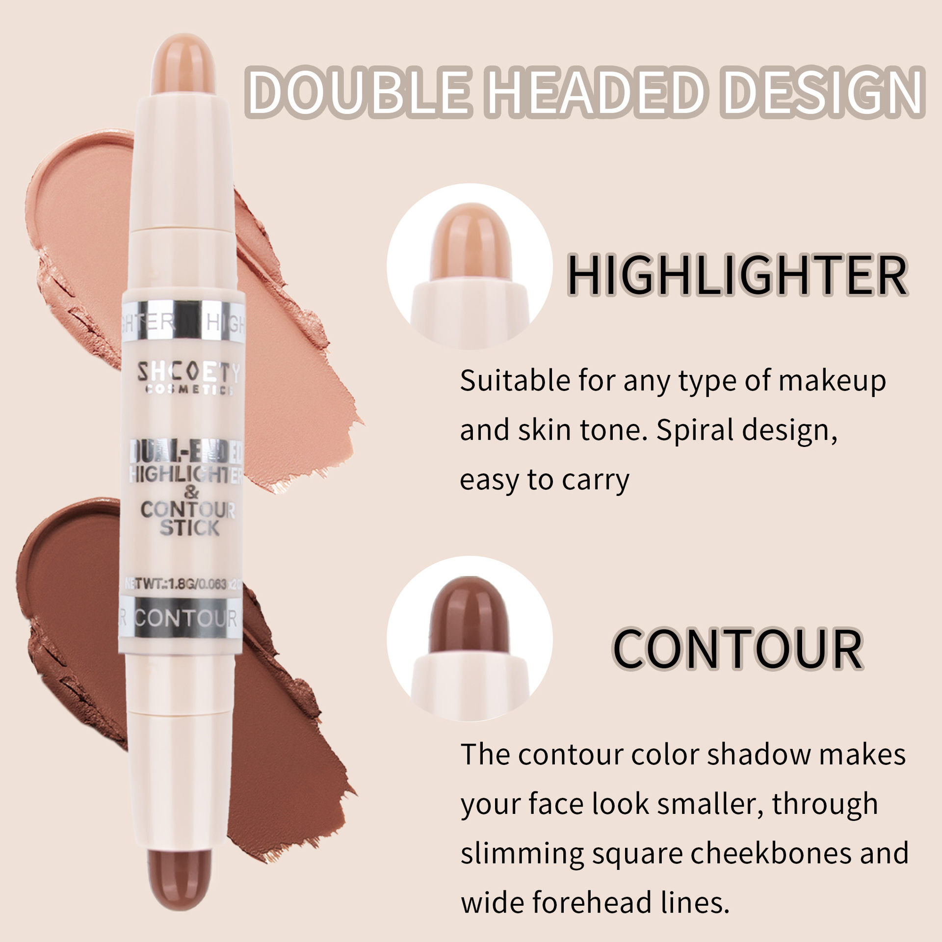 SHCOETY Dual-head contouring stick, high-gloss one-piece pen, matte three-dimensional Contouring, Nose shadow brightening, Horizontal pen, Cross-border undefined