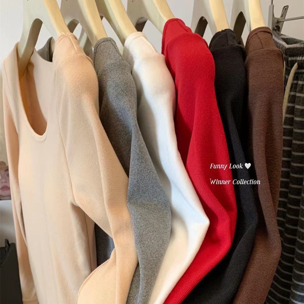 Otoño y invierno coreano abrasión ropa interior de cuello cuadrado con cojín de pecho caliente manga larga delgada camiseta de vestir en la camiseta