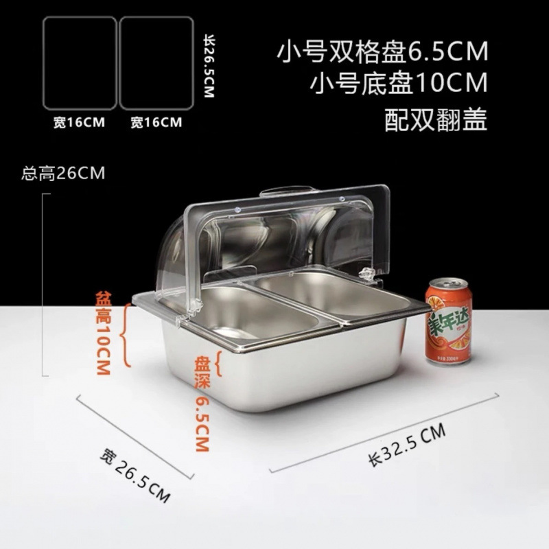 Platos de acero inoxidable de doble capa colocados en cabinas de exhibición de verduras frías con hielo, pastel de aislamiento frío, mesa de comedor a prueba de polvo y humedad