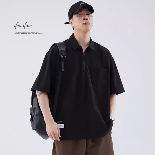 polo shirt, short-sleeved men's summer thin American retro loose casual quick-drying lapel half-zipper T-shirt top