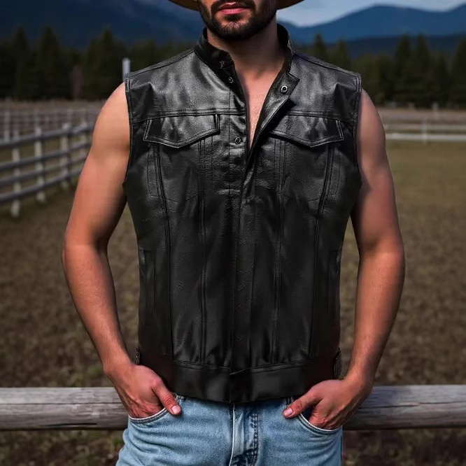 Cross-Border European and American Men's Pu Leather Vest Casual Motorcycle Button Vest Amazon Motorcycle Artificial Leather Jacket