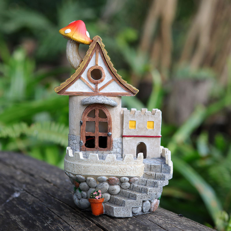 Transfronterizo enano de energía solar Mushroom House Castillo elfo decoración jardín patio Navidad decoración resina artesanía