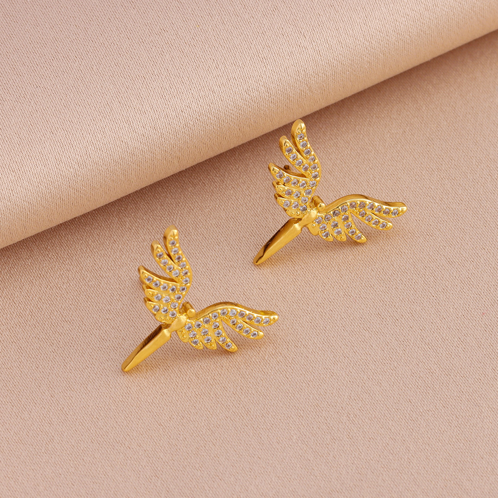 Popular micro-inlaid zirconium angel wings necklace stud earrings set_voghion.com