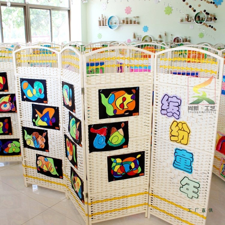 Paper Rattan Solid Wood Folding Screen Children's Decoration Simple Classroom Fence Folding Kindergarten Partition Small Screen Can Be Customized