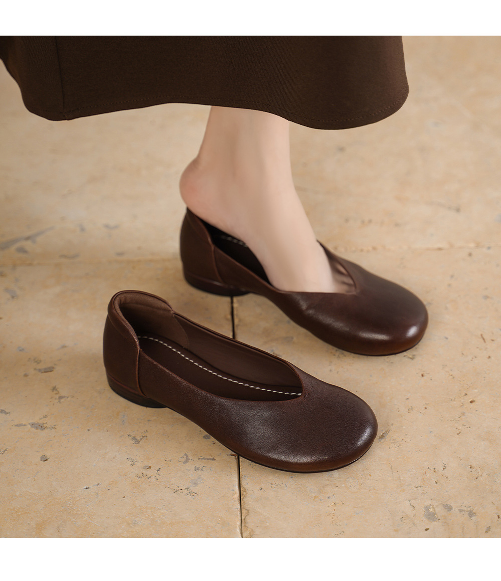 Giày bệt nữ mũi tròn da bò mềm đế bằng phong cách basic — màu nâu chi tiết 6
