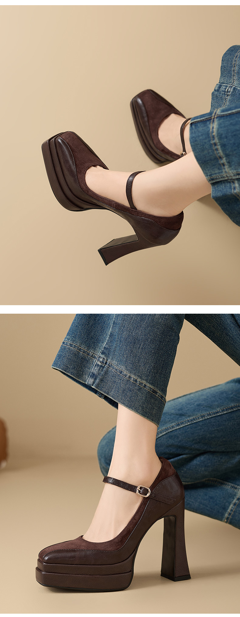 Giày Mary Jane nữ mũi vuông gót vuông đế platform cao 9 cm, da thật, quai ngang có khóa — màu nâu, màu đen chi tiết 6