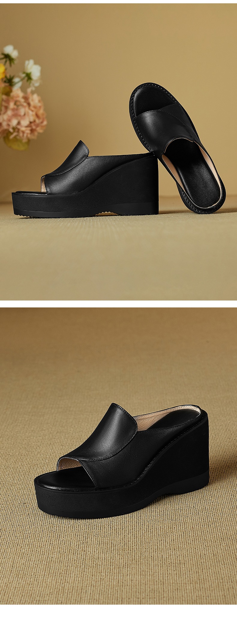 Dép sandal nữ quai chữ V đế xuồng cao gót 9 cm da bò mũi cá — đen chi tiết 11