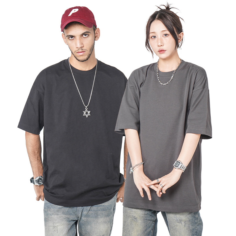 Camiseta de manga corta retro desgastada de algodón pesado transfronterizo 260G versión de lavado de agua suelta cuello redondo de moda base lisa T