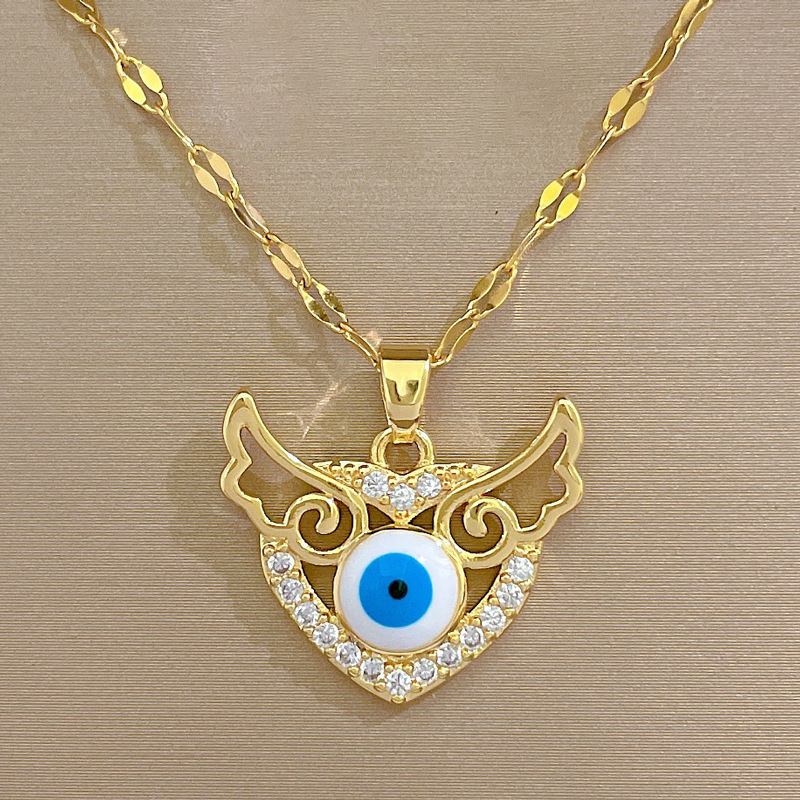 1 Pair Retro Devil'S Eye Heart Shape Wings Stainless Steel Copper Inlay Rhinestones Pendant Necklace_colorza_2