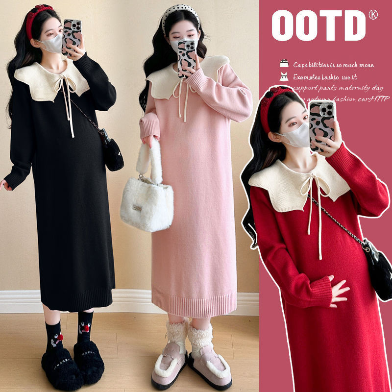 Maternity Autumn Red Sweater Dress 2025 New Maternity Christmas Sweater Age-Reducing Doll Collar Knitted Dress Autumn and Winter