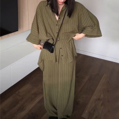 ヨーロッパとアメリカのクロスボーダー婦人服 2025 夏の新ファッション小さな新緑ルーズシャツワイドレッグパンツスーツ