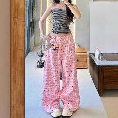 アメリカンレトロなピンクのチェック柄パンツ、女性用夏のスタープリントスリムストレートパンツ、ゆったりとしたカジュアルなドレープワイドレッグパンツ