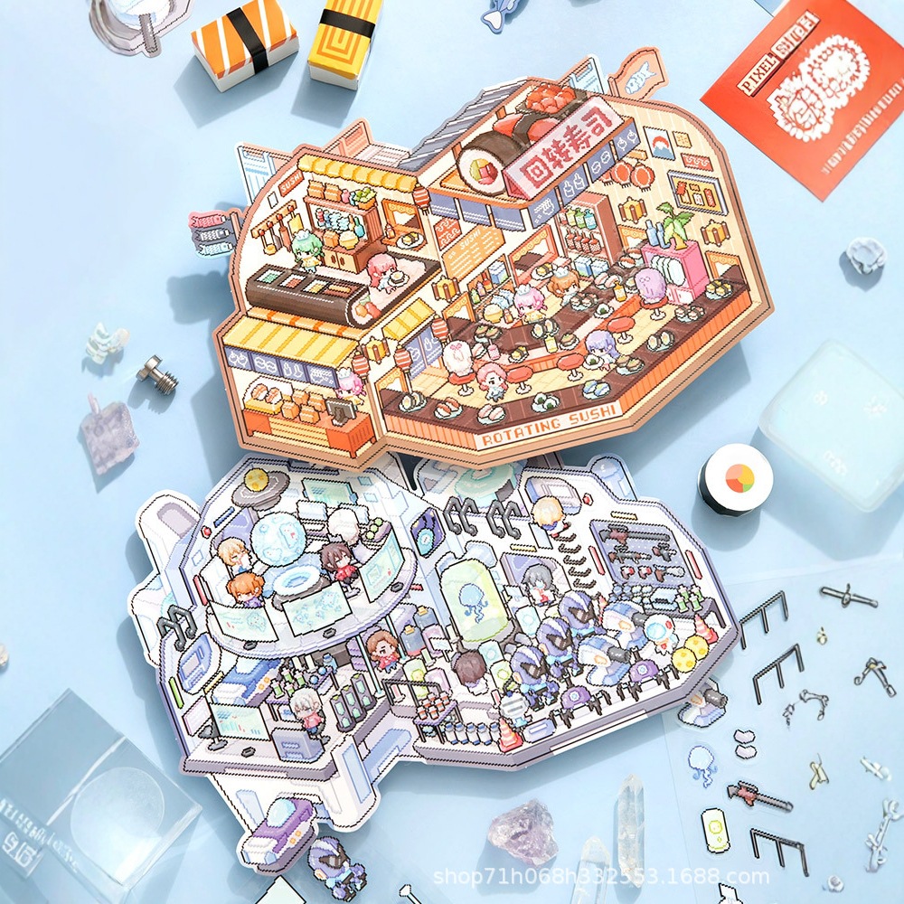 Core stranger 6.0 pixel wind painting wind 3D landscaping stickers three-dimensional collage DIY cabin hand account decompression landscaping cabin