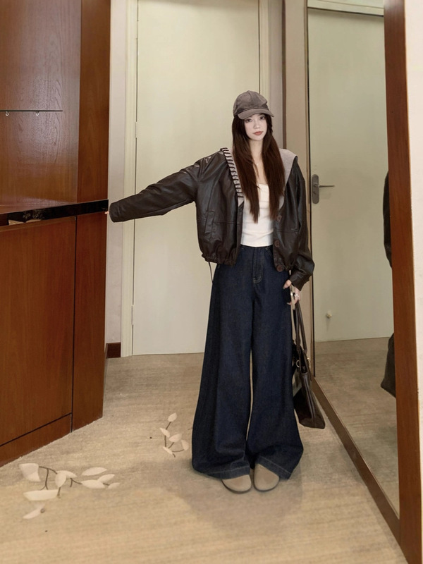 大码女装设计感海军领皮衣外套2025新款秋季韩版胖MM短款上衣|undefined