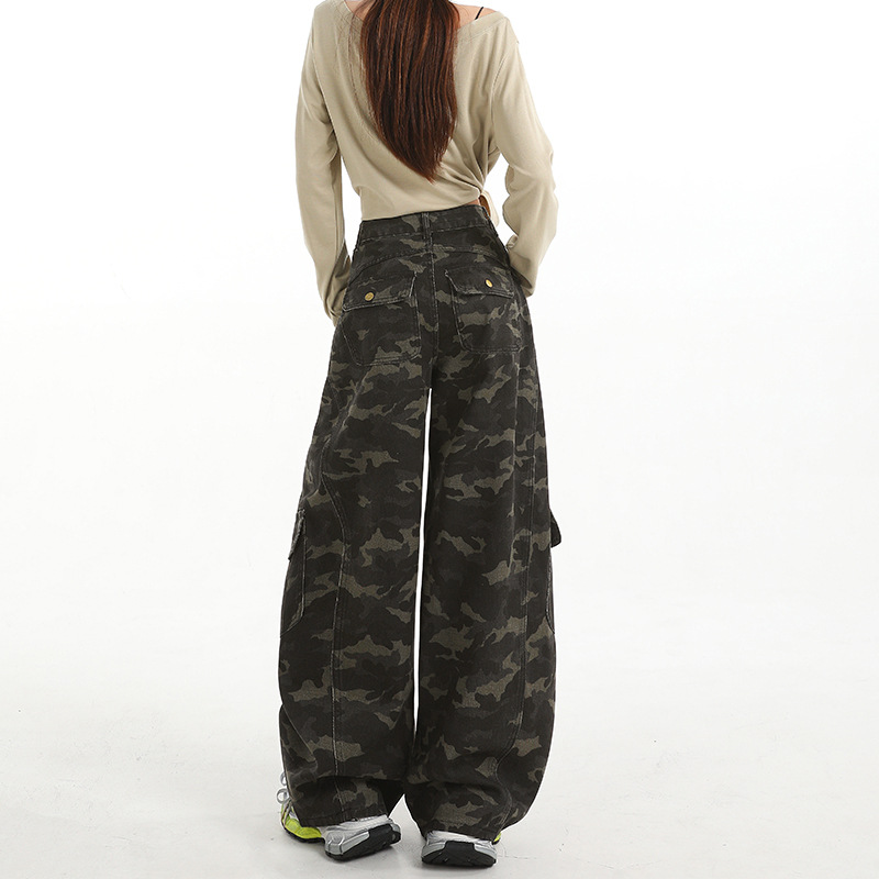 2025新款爆款原色高腰迷彩多口袋工装裤宽松牛仔裤女百搭显瘦中裤