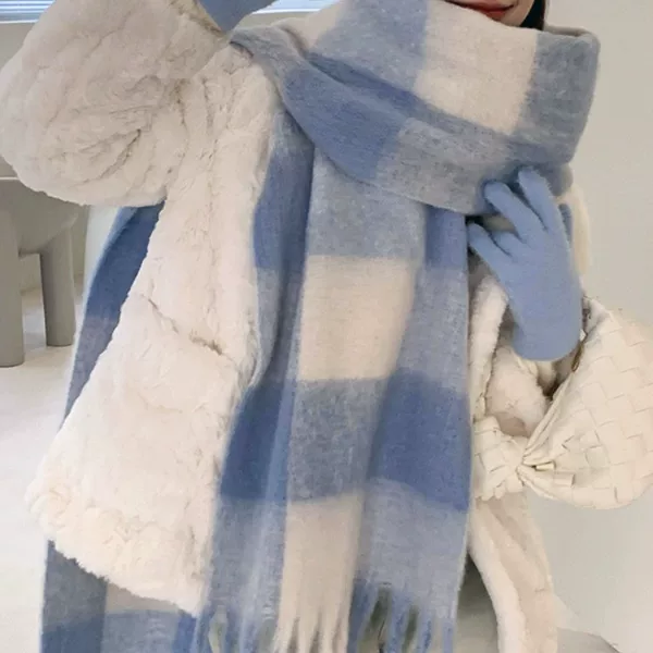 Atmospheric Mohair Large Scarf for Women Winter 2025 New Korean Style Versatile Cold-Proof and Warm Scarf Blue Thickeneded