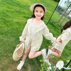 小女孩蕾絲防曬衣套裝2024年夏季新款女小童夏裝遮陽防紫外線外套