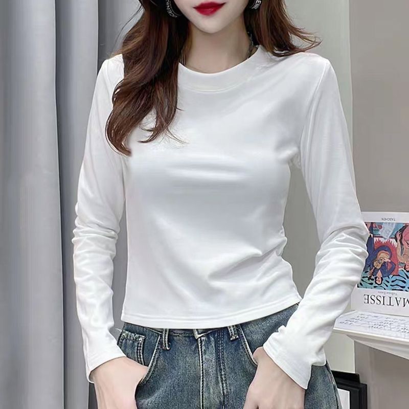 2025新款秋冬正肩短款白色打底衫女内搭修身洋气加绒长袖T恤上衣|undefined