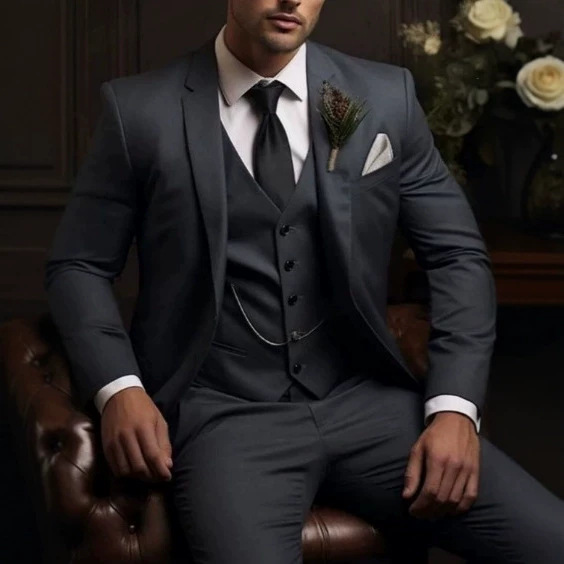 Cross-Border Foreign Trade Stylish Men's Three-Piece Suit in Solid Color, Elegant for Banquets and Business, Slim-Fit Suit, Supports Cross-Border Sales