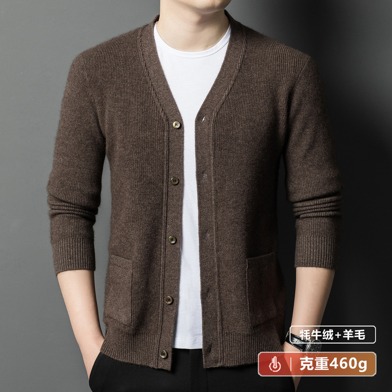 Men's Yak Wool V-Neck Thickened Cardigan Sweater Knit Cardigan Middle-Aged Dad's Real Pocket Sweater Jacket