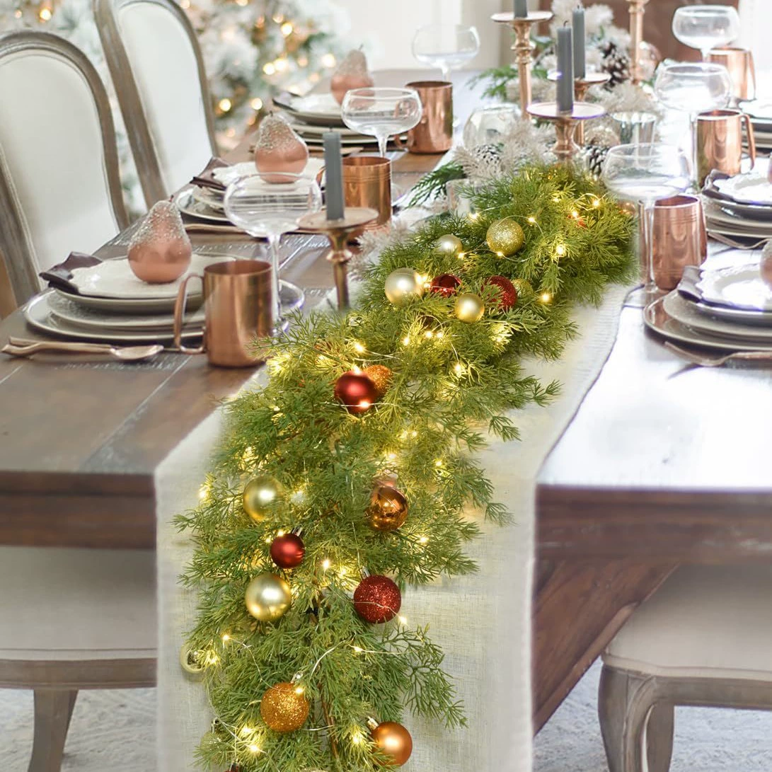 Christmas garland 1.8 m, realistic pine & cypress foliage with snowflakes, for stairs and hotel decor