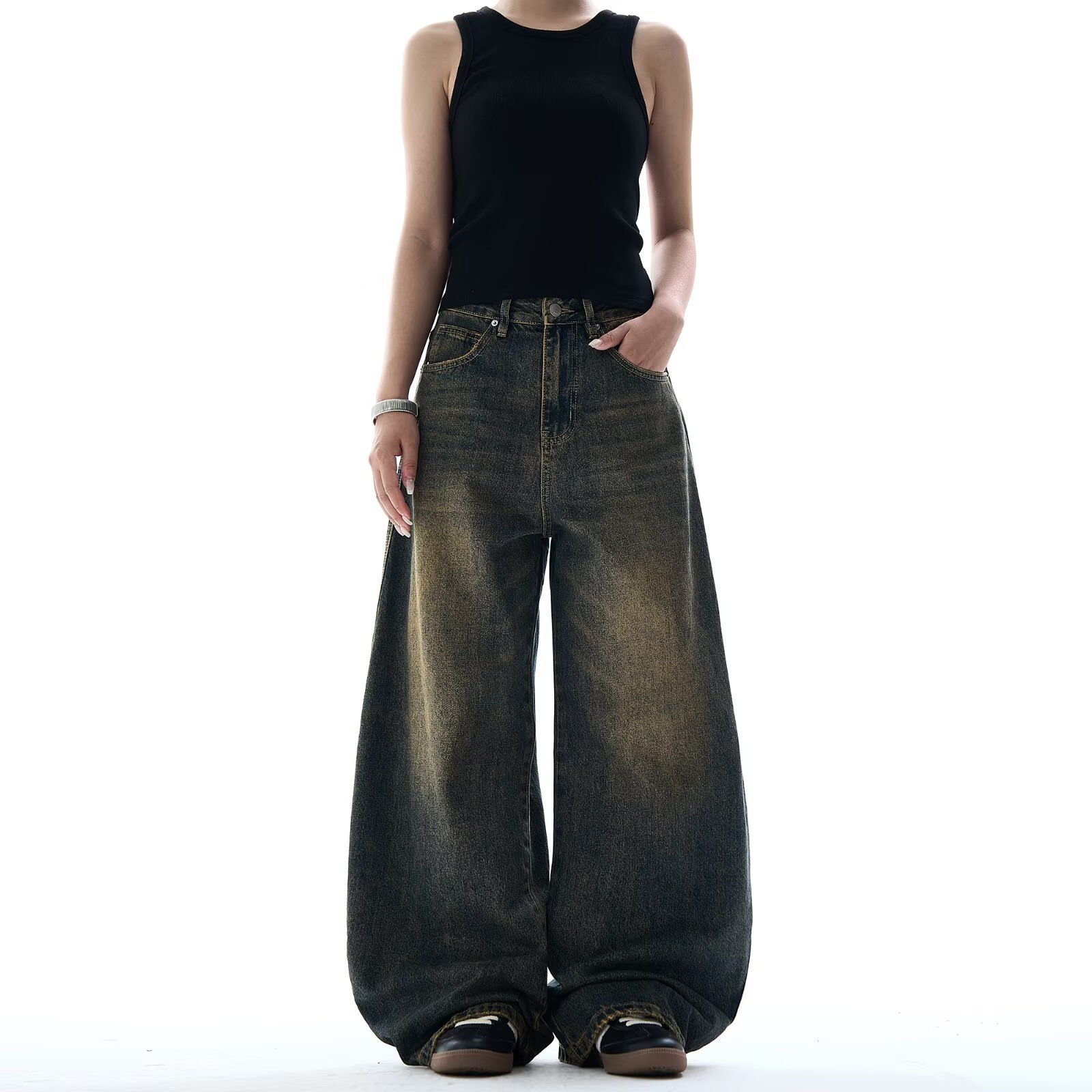 Cross-Border Black Tie-Dye New Slimming Wide-Leg Floor-Length Distressed Versatile Loose Fit Women's Jeans Washed