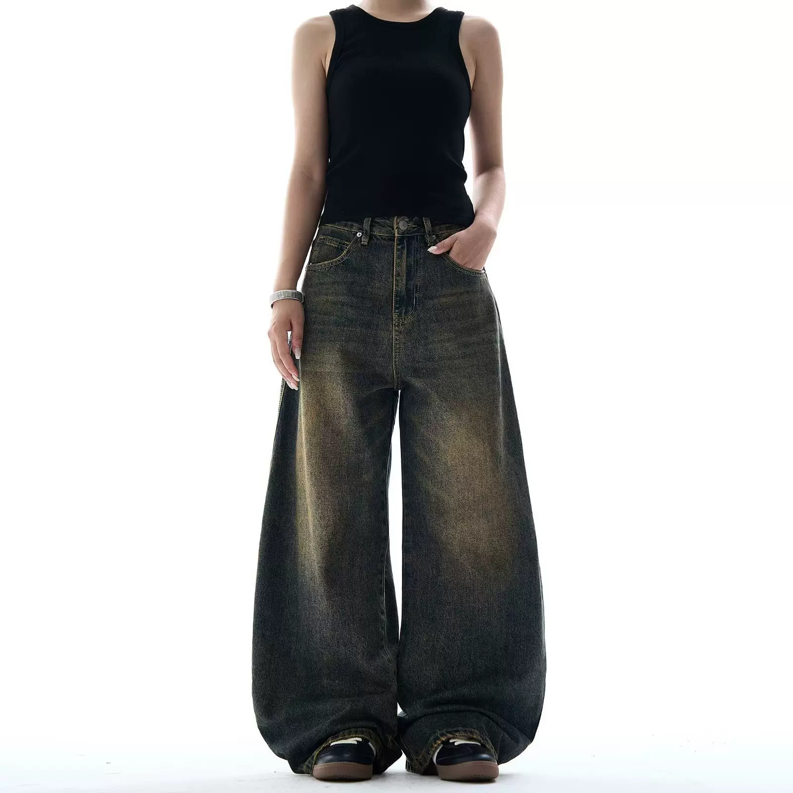 跨境黑色扎染新款显瘦阔腿拖地做旧百搭宽松适合牛仔裤女裤子水洗