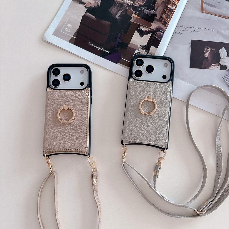 Suitable for Iphone17Promax Card Phone Case Apple 14 Fishtail Crossbody Shoulder Strap Ring Protective Leather Case