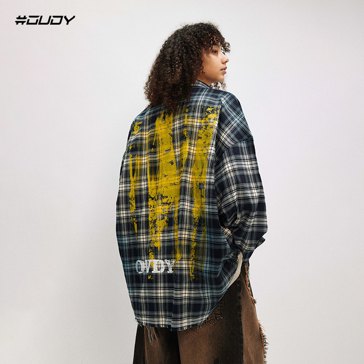 # OVDY 2024アメリカの古典的なレトロな青格長袖シャツ男性のスプレーカードの襟の格子シャツ