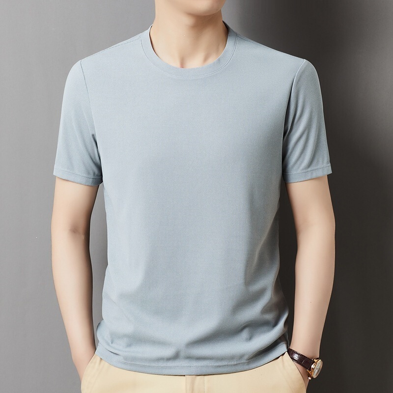 Brand High-End Men's T-Shirt, Round Neck, Mulberry Silk, Casual and Fashionable Summer Style, Versatile Large Size Short-Sleeved Top for Young and Middle-Aged People