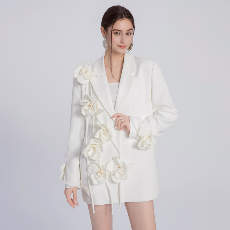 White Fashionable Three-Dimensional Floral Original Design Blazer 2025 Spring New High-End Niche Casual Suit