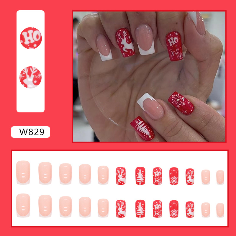 Alce carino, dolce, rosso con fiocco di neve di Natale, atmosfera carina, nail art, unghie finte indossabili_voghion.com