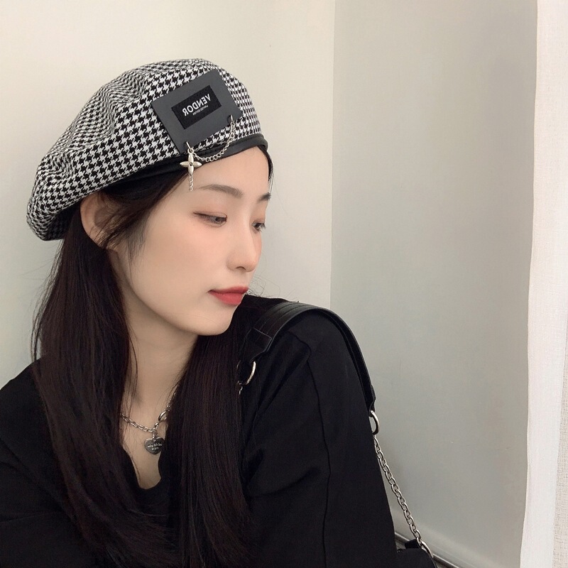 鬼马系少女~拽酷时髦金属贴布黑白千鸟格贝雷帽日系复古画家帽潮|undefined