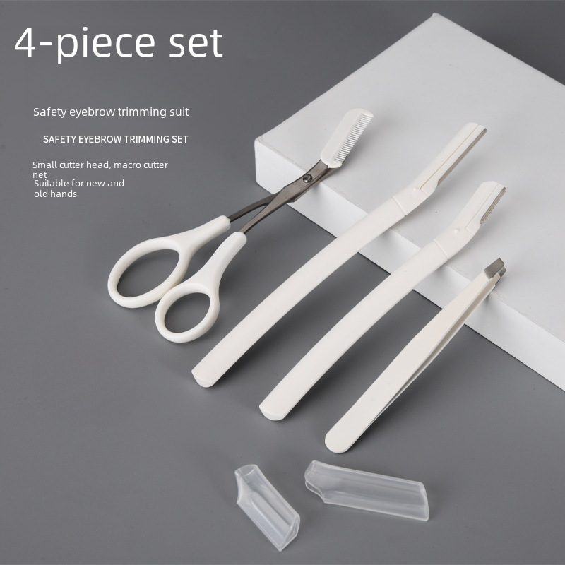 Direct selling white eyebrow knife stainless steel high precision eyebrow clip with eyebrow comb scissors four-piece set beauty makeup tools
