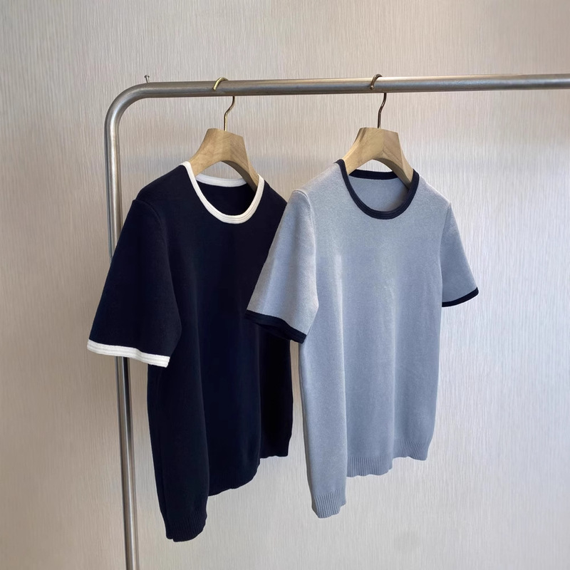 You can close your eyes!! Channel goods, C * S simple contrast color shoulder crew neck sweater short sleeve T-shirt women