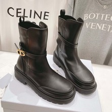 广州原标专柜品质欧美大牌真皮女式短套筒靴皮带扣显瘦厚底骑士靴