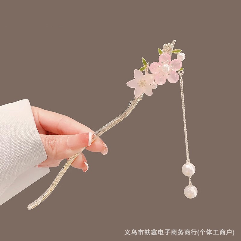 Peach blossom tassel hairpin women's new Chinese cheongsam Hanfu hairpin back head ancient style high-grade updo hair accessories