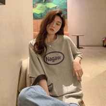 2025春夏季宽松BF风上衣学院风宽松显瘦中长款字母印花短袖t恤女