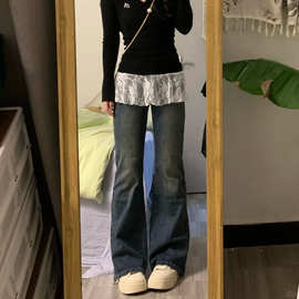 美式vibe风韩系微喇修身牛仔裤女秋冬新款梨形显瘦百搭喇叭裤ins