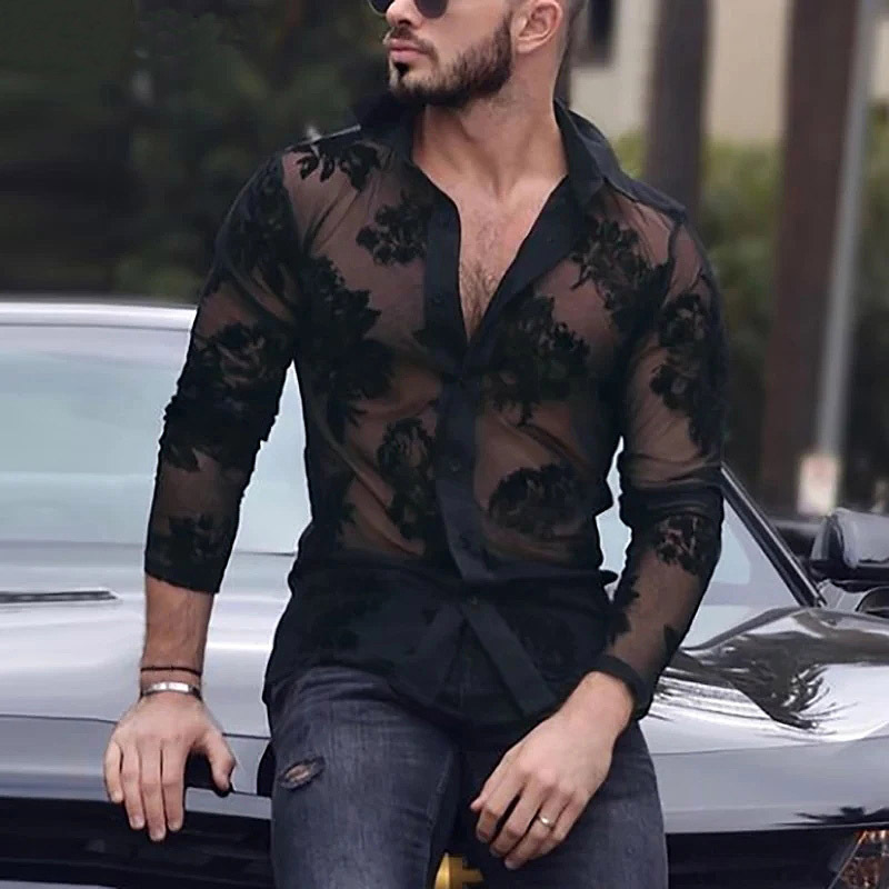 Foreign Trade European and American Men's Fashion Party Lace Long-Sleeved Shirt Men's Transparent Sexy Shirt Men's High-End Handsome
