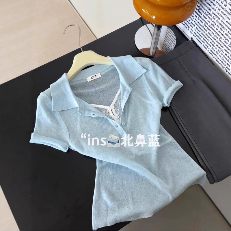 Original Design! High-Quality Korean Original Single-Piece Ins-Style Slim-Fit Lace Patchwork Polo Collar Short-Sleeve Top