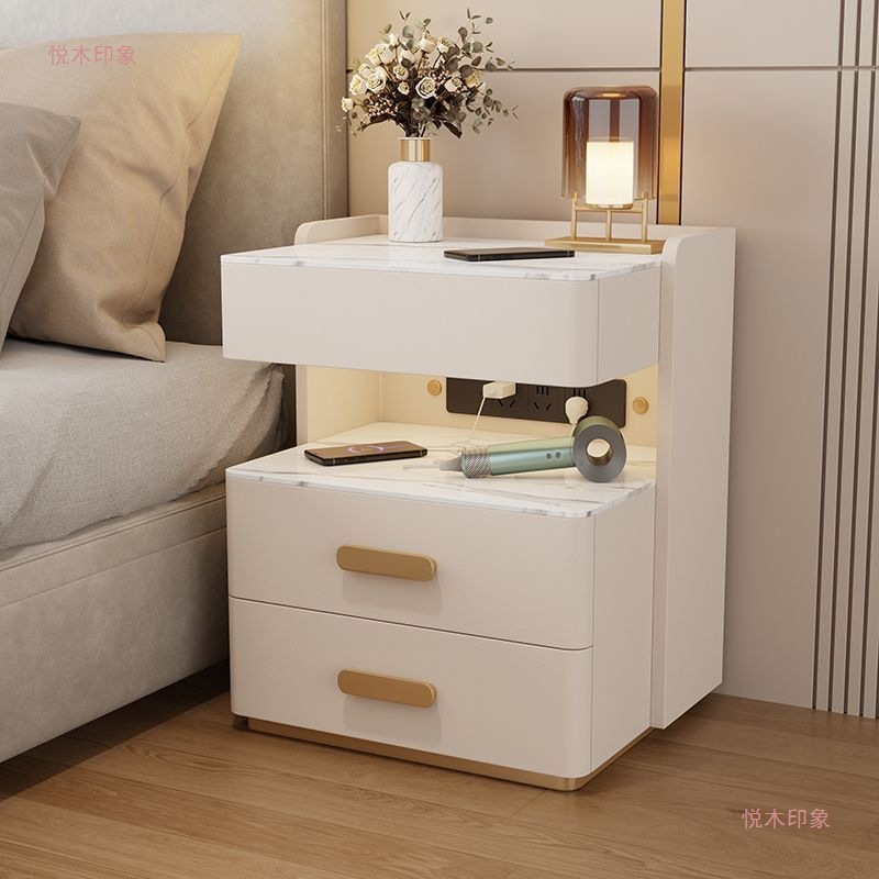 Smart Bedside Table, Light Luxury and High-End, Multi-Functional Modern Household Storage Slate Bedside Table with Row of Plugs