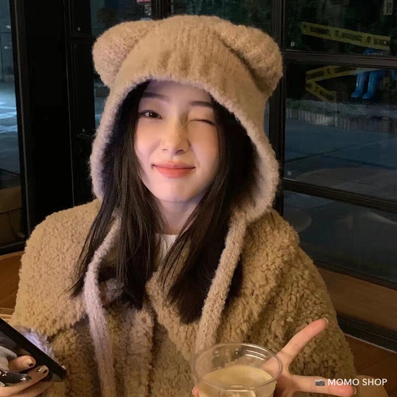 可爱小熊耳朵毛绒帽女冬季百搭显脸小保暖护耳帽大头围针织针织帽|undefined